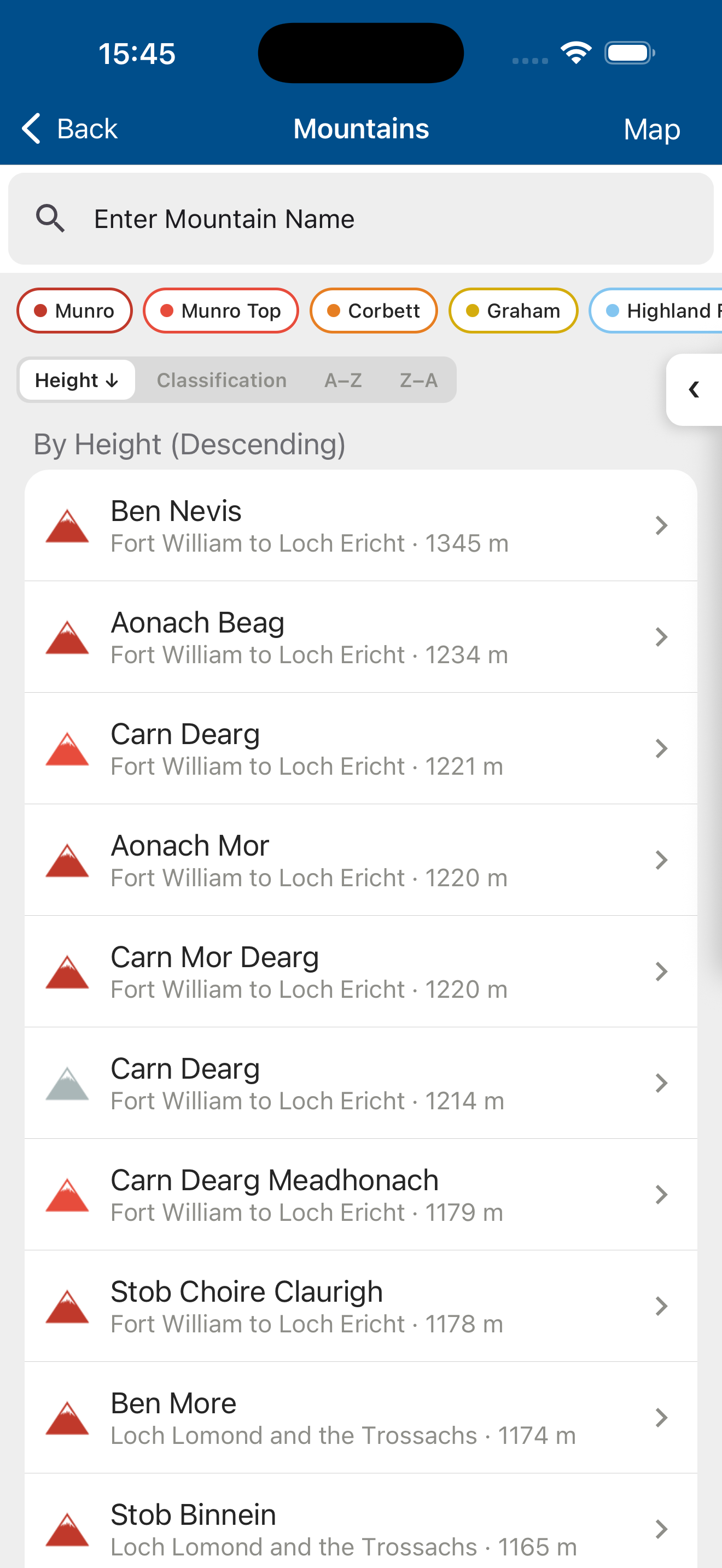 Mountain Summit List & Search screenshot